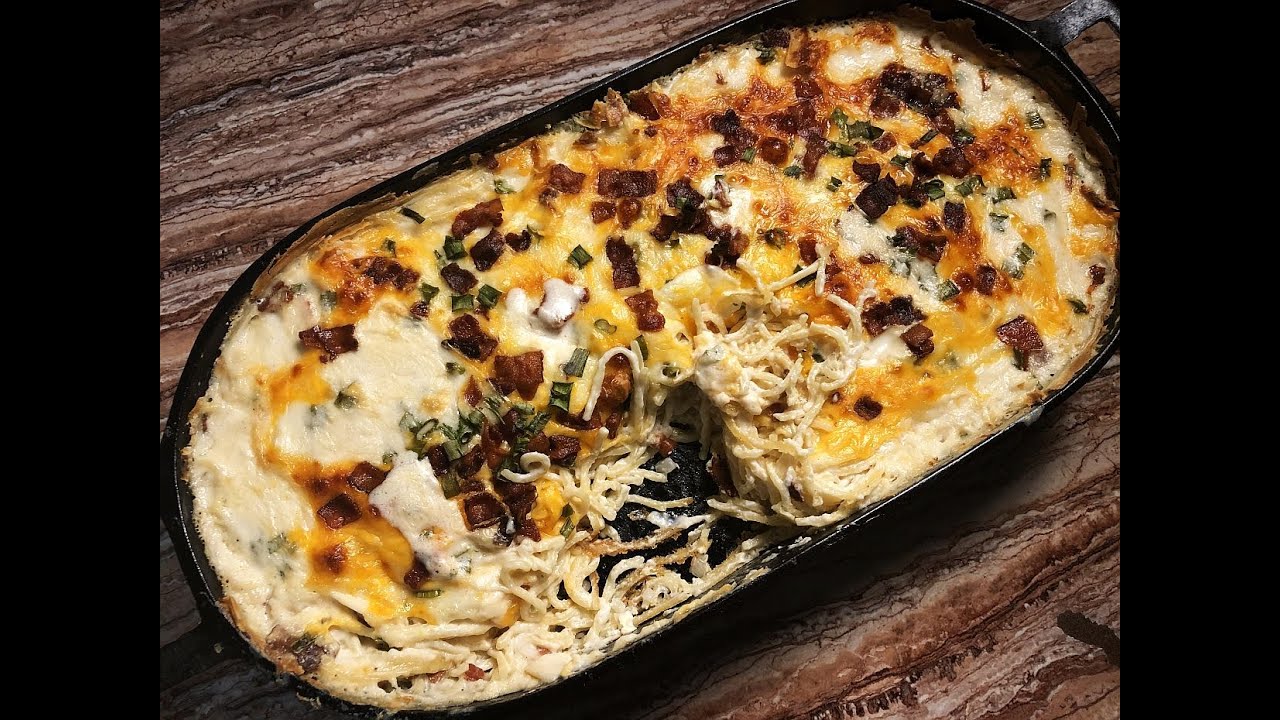 Bacon Cream Cheese Baked Spaghetti in Cast Iron